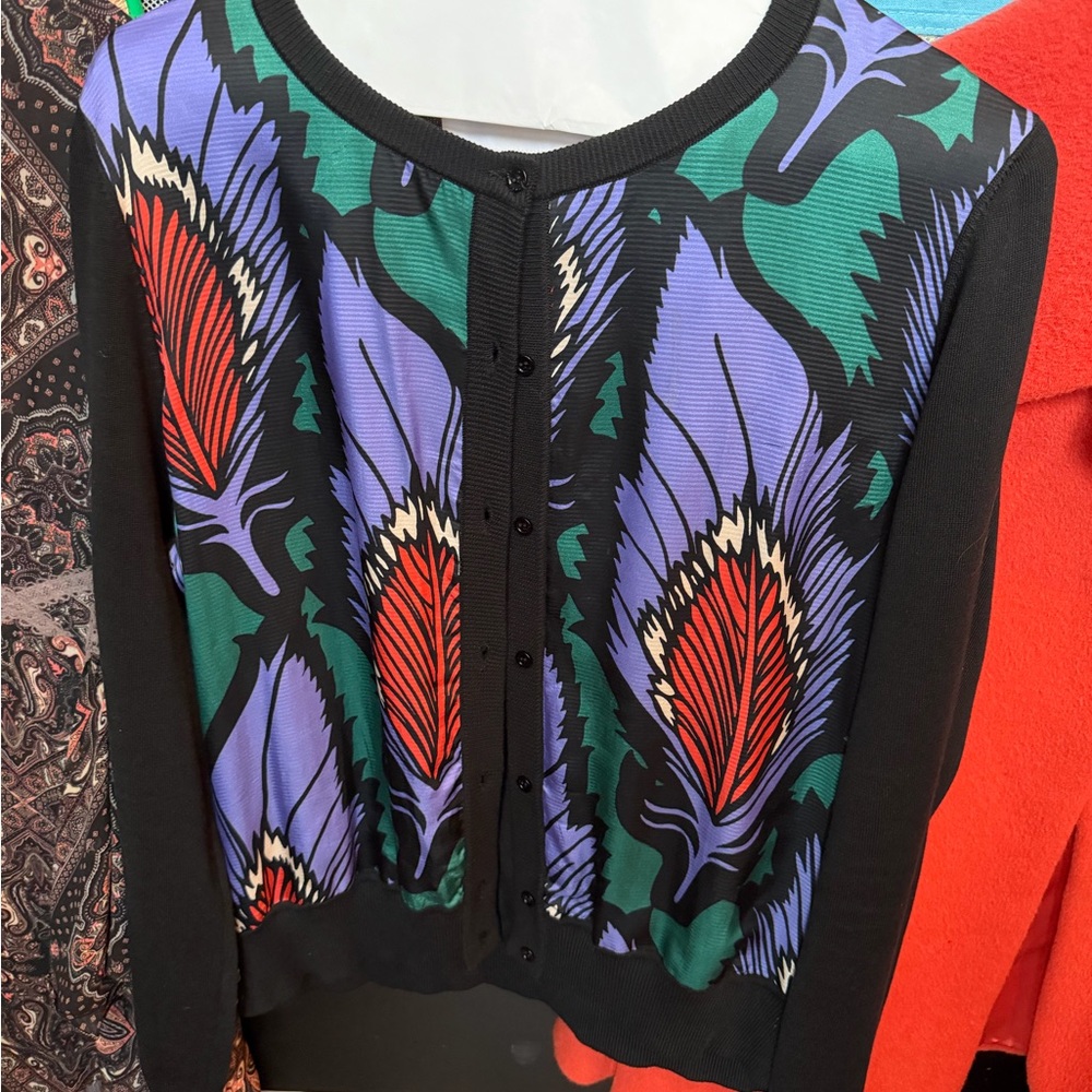 Carolina Herrera Black Cardigan with Purple, Green and Red Feather Motif